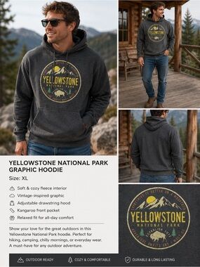 Yellowstone National Park Graphic Hoodie XL Charcoal Gray Pullover
